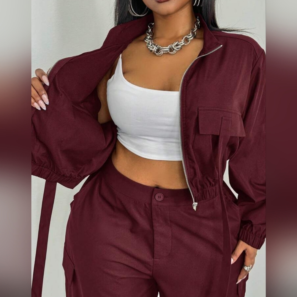 Women's Deep Red Zip-Front Crop Jacket With Wide Leg Pants Two Piece Set Sz Xl - Picture 2 of 6